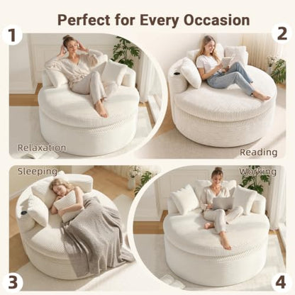 Oversized Round Chair Lounge Chaise, 58'' Corduroy Sofa Bed, Beige, view 7