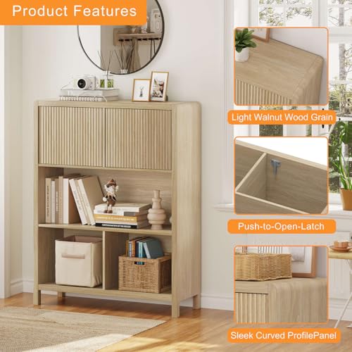 Cube Bookshelf with 2 Doors, Wood Bookcase with Storage, Modern 5 Cubby Book Shelf for Home Office Living Room (Light Walnut)