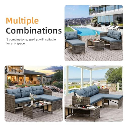 3 Pieces Outdoor Patio Furniture Sets, Wicker Patio Conversation Sets, All Weather Wicker Rattan Patio Seating Sofas with Glass Coffee Table and Cushion, Blue-Gray