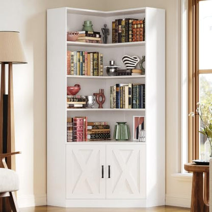 Corner Bookshelf, 72.7" Tall Corner Bookcase with Door, White, view 2