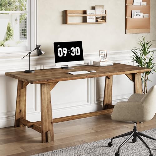 63" Solid Wood Office Desk, Farmhouse Executive Computer Desk, Large Work Writing Table, Rustic Brown Home Office Workstaticon, Business Furniture