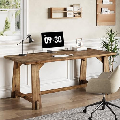 63" Solid Wood Office Desk, Farmhouse Executive Computer Desk, Large Work Writing Table, Rustic Brown Home Office Workstaticon, Business Furniture