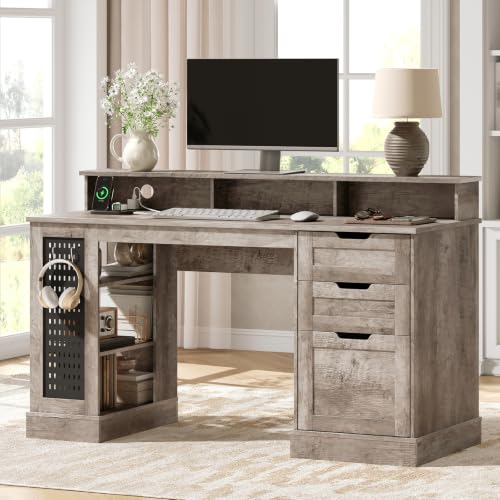 55-Inch Farmhouse Executive Desk with 2 Drawers and File Cabinet, view 2