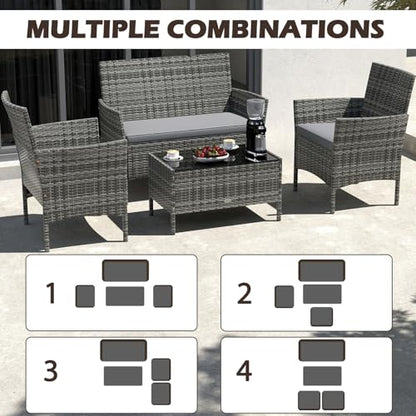 4-Piece Patio Furniture Set - Rattan Outdoor Conversation Bistro Set w/Cushions, Glass Coffee Table, Wicker Chairs & Loveseat for Garden Backyard Porch, Balcony Furniture Set (1, Mix Grey)
