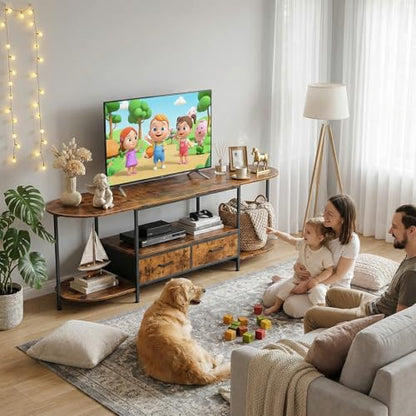 63 Inch TV Stand for TVs Up to 70 Inch, Rustic Brown Entertainment Center with 2 Fabric Drawers, Modern TV Console Table with Curved Edge, Wood Media Stand for Living Room Bedroom