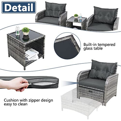 5 Pieces Wicker Outdoor Patio Chairs with Ottomans, All Weather PE Rattan Outdoor Conversation Set Bistro Patio Furniture Set with Hidden Ottoman for Porch Backyard Balcony, Grey