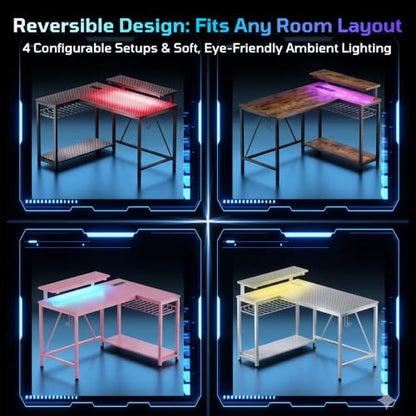 42-Inch L-Shaped Computer Desk with Charging & LED, Black, view 6