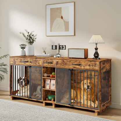 82" Double Dog Crate Furniture with Drawers and Shelves, Brown, view 7