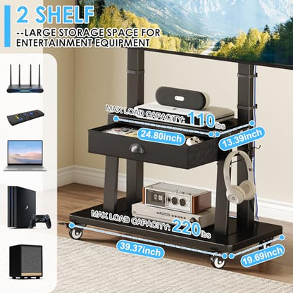 Mobile TV Stand on Wheels for 42-100inch LCD LED Flat/Curved Screen TVs,Rolling TV Cart with Drawer,2 Shelves Adjustable Height,Portable TV Stand Up to 330lbs for Indoor Outdoor Max VESA 600x900mm