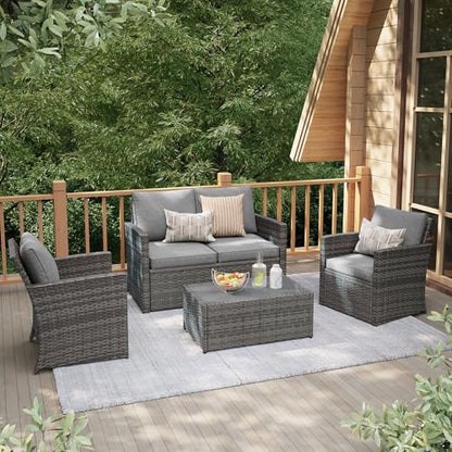 4 Pcs Patio Furniture Set, Wicker Patio Conversation Set, Light Gray | All-Weather PE Rattan, Outdoor Set with Loveseat, Armchair and Tempered Glass Coffee Table, 4 Seats, for Lawn, Deck, Backyard