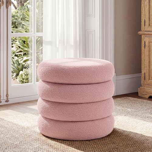 20.1 Inch Round Storage Ottoman, Modern Sherpa Ottoman Coffee Table with Removable Top, Pink Vanity Stool with Storage for Bedroom, Living Room, Dorm, Set of 1