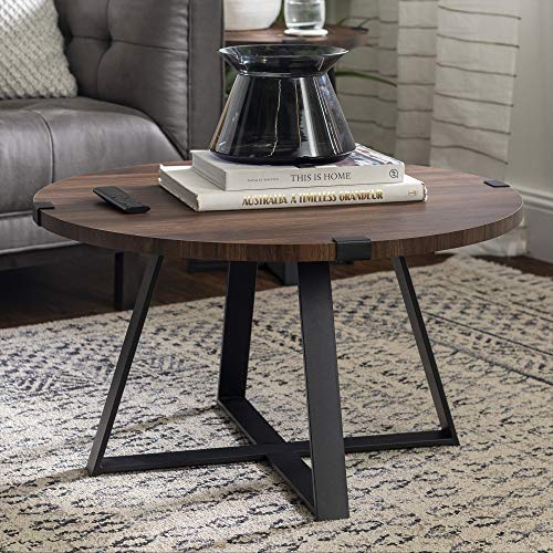 Anastasia Modern Metal Wrap X Base Coffee Table, 30 Inch, Dark Walnut and Black