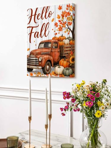 NuYeBiofx Hello Fall Words Brown Truck Canvas Wall Art Prints,48"x32" Framed Picture Artwork Maple Leaves Sunflowers Printed Canvas Oil Painting for Living Room Bedroom Office,Ready to Hang