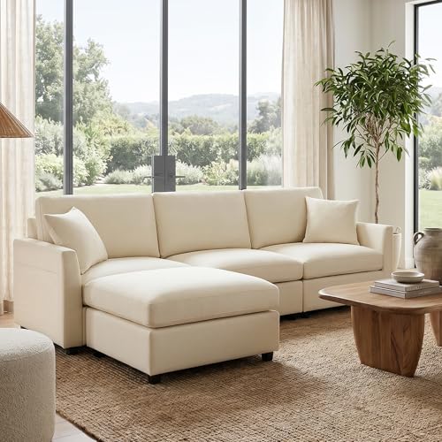 Sectional Cloud Couch for Living Room, Spring Cushion Seating, L Shaped Convertible Modular Sofa with Ottoman, Beige