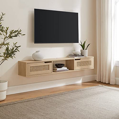 Destin Modern Rattan Flip-Down-Door Wall-Mounted Floating TV Stand for TVs up to 65 Inches, 58 Inch, Coastal Oak