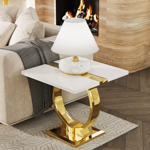 White and gold square end table with polished metal U-base, view 4