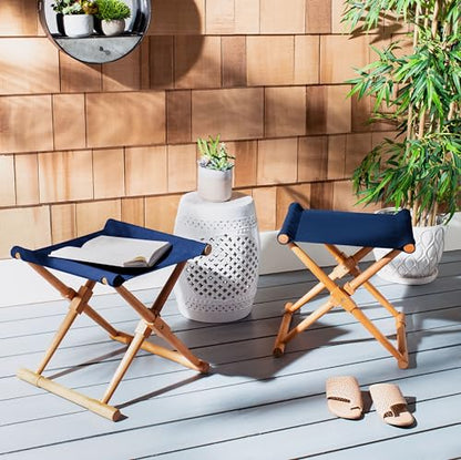 SAFAVIEH Outdoor Patio Furniture Collection – Breanne Natural & Navy Outdoor Stool Set of 2, Solid Wood Folding Accent Seating (PAT7053B-SET2)