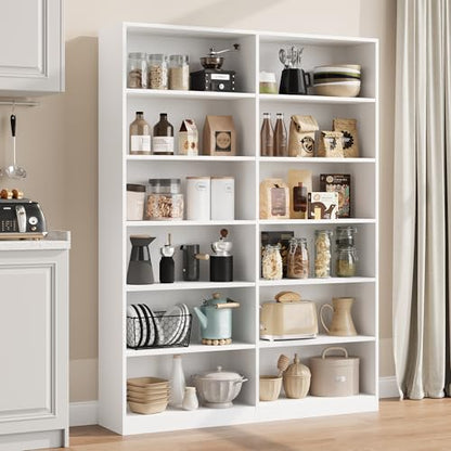 Bookshelf and Bookcase, 6-Tier Double Wide Bookshelves,Freestanding Display Storage Shelves, Tall Bookcases for Home Decor Bedroom, Living Room, Home Office, White