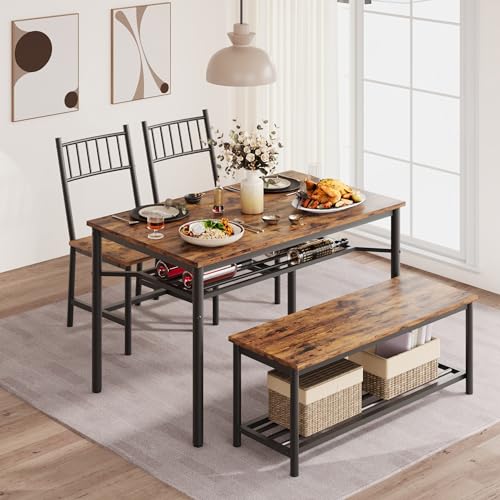 Dining Table Set for 4, Kitchen Table and Chairs for 4 with Wine Rack, Rectangular Dining Room Table Set with Bench, 4 Piece Dining Table Set for Small Space, Apartment, Retro Brown