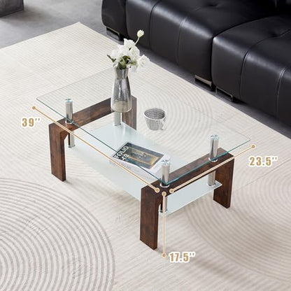 Coffee Table - Rectangle Glass Coffee Table with Simple and Classical Inspired Design, Easy Assembly for Modern Living, 39.5 * 23.5 * 17.5 inches (Brown)