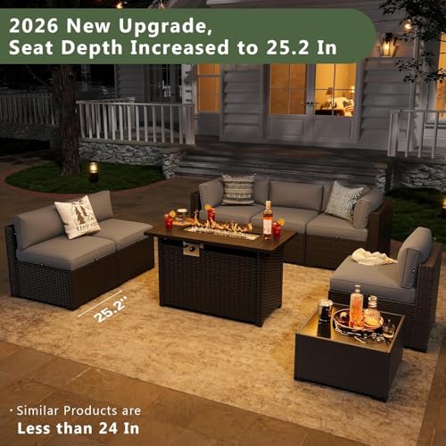 8 Piece Patio Furniture Set with 44” Fire Pit Table, Wicker Rattan Patio Sectional Sofa, Outdoor Furniture Set with Thickened Cushion, Grey