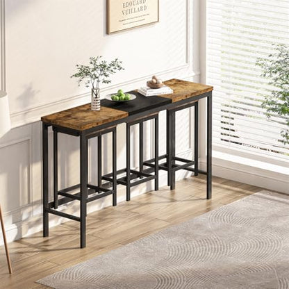 4-Piece Dining Table Set, 60.2" L Wood Dining Table with 3 Stools and Metal Frame for Kitchen Dining Room, Convenient Hanging Stool Design, Natural+Black