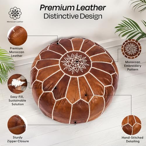 Handmade Pouf Ottoman Cover, Unstuffed Foot Stool, Round Boho Footrest for Living Room, Bedroom, Home Decor Gift (Dark Tan By White)