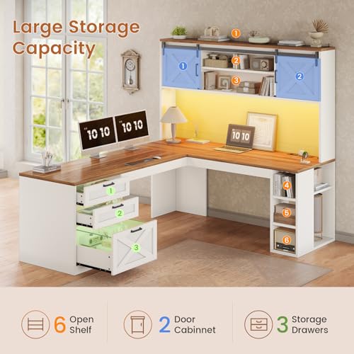 67" Farmhouse L Shaped Desk with Hutch, White+Brown, view 7