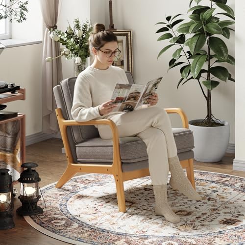 Mid-Century Accent Chair Set of 2 with Solid Wood Frame, Reading Relaxing Armchair Lumbar Pillow& Soft Cushion, Leisure Chair for Living Room, Bedroom, Waiting Room-Grey