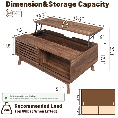 Lift Top Coffee Table, Mid Century Modern Coffee Table with Storage for Living Room, 35.4'' Walnut Coffee Tables with Sliding Fence Door (Brown)
