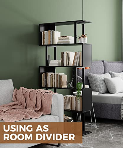 5-Tier Tall Bookshelf, S-Shaped Book Shelf Unit, Black, view 6