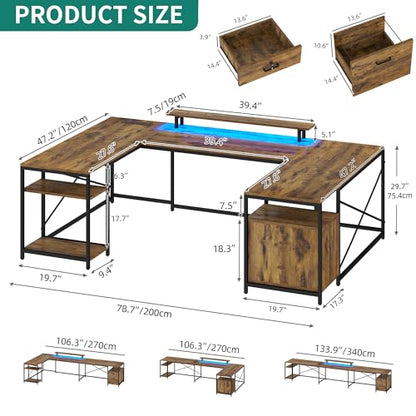 U Shaped Desk with Power Outlets & LED Lights, 79" Reversible L Shaped Desk with Drawers, Corner Computer Desk Office Desk with Monitor Stand & Storage Shelves, Rustic Brown