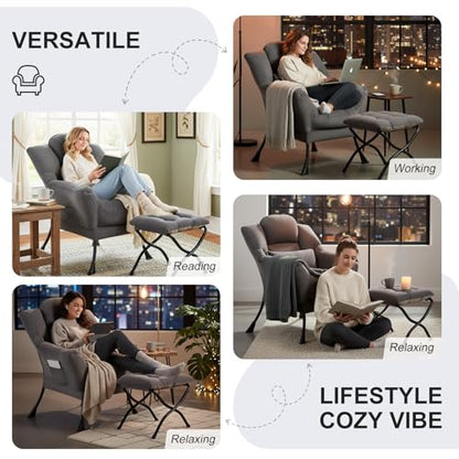Lazy Chair with Ottoman, Comfy Fabric Accent Lounge Arm Chair with Lumbar Pillow and Folding Footrest, Reading Leisure Sofa Armchair for Bedroom, Living Room, Dorm,Dark Grey