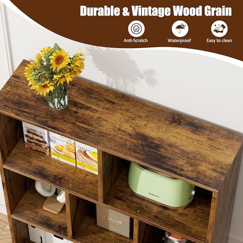 7 Cube Bookshelf, 3 Tier Mid-Century Modern Bookcase with Legs, Wooden Bookshelf Storage Organizer Display Bookcase for Bedroom, Living Room, Office, Rustic Brown