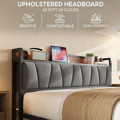 Queen Bed Frame, Storage Headboard with Charging Station, Solid and Stable, view 5