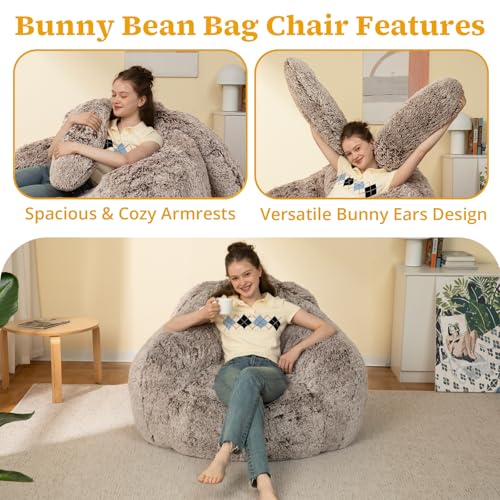 Bean Bag Chair for Adults Teens Giant Fluffy Plush Bean Bag Sofa with Filler Faux Fur Rabbit Shaped Beanbag Chairs Comfy Accent Floor Couch for Gaming, Reading in Bedroom, Living Room, Dorm