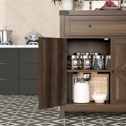 Coffee Bar Cabinet with Storage,Sideboard Buffet Cabinet with 1 Drawer and 2 Barn Doors,Kitchen Storage Cabinet for Kitchen, Living Room, Entryway (Brown)