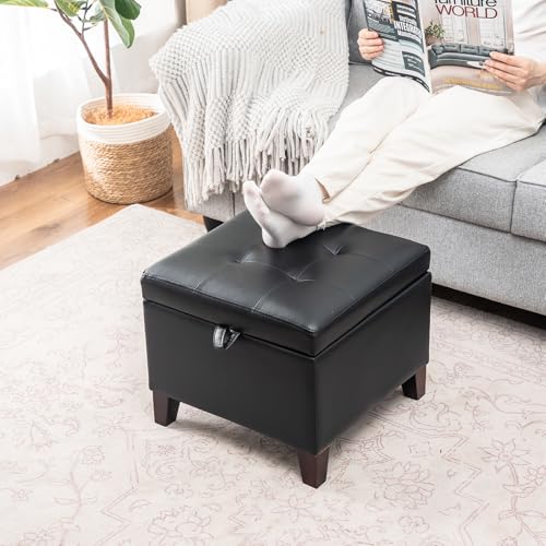 17 Inch Storage Ottoman Foot Rest,Square Faux Leather Foot Stool,Small Ottoman with Storage,Padded Seat for Entryway,Living Room,Bedroom,Couch,Under Desk,Black