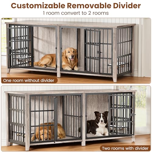 78" Dog Crate Furniture for 1 or 2 Dogs, Double Dog Crates, Grey, view 5