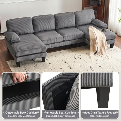 110" Sectional Couches for Living Room,U Shaped Couch with Double Chaise, 4-Seat Sofa Set with Corduroy Fabric for Home Furniture,Grey