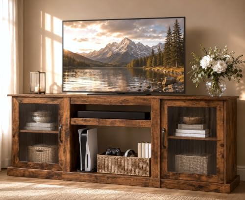 Farmhouse TV Stand for 75 inch TV, Entertainment Center with Storage Cabinets, view 3