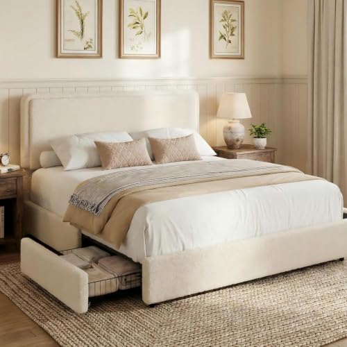 Queen Size Bed Frame with 2 Storage Drawer, Cream Beige, view 2
