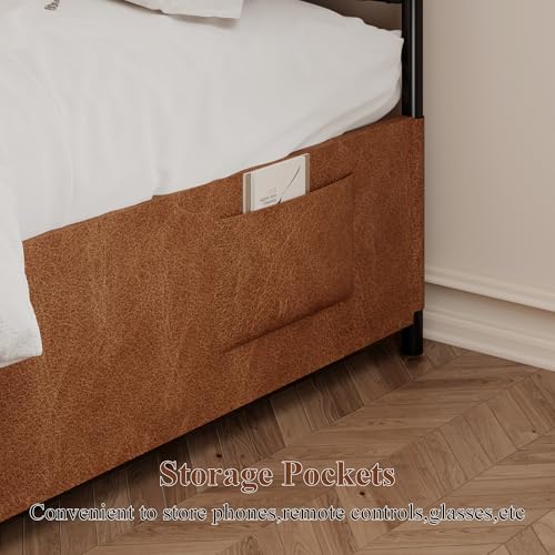 King Size Upholstered Canopy Bed Frame with Faux Leather Headboard, Brown, view 6