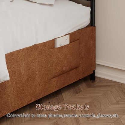 King Size Upholstered Canopy Bed Frame with Faux Leather Headboard, Brown, view 6