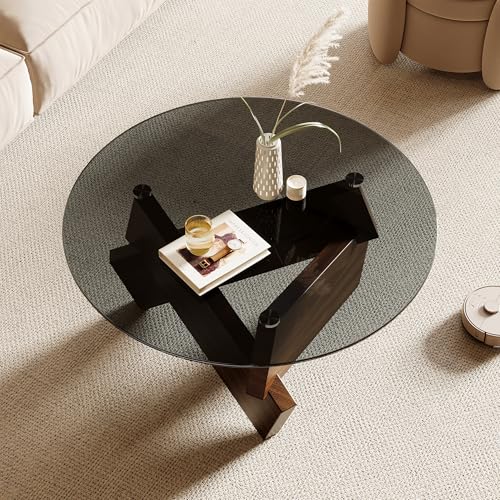 Modern Round Coffee Table, 30.7" x 30.7" x 16.1" Tempered Glass Top for Living Room, Color: Walnut