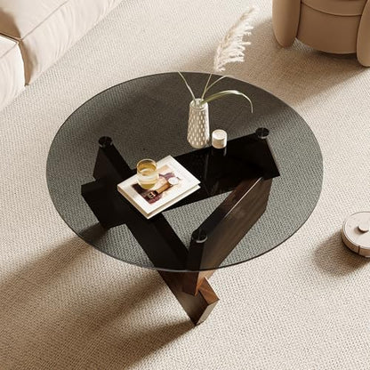 Modern Round Coffee Table, 30.7" x 30.7" x 16.1" Tempered Glass Top for Living Room, Color: Walnut