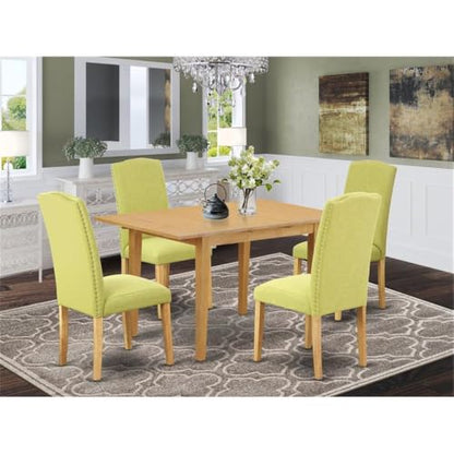 5-Piece Dining Set, Rectangular Oak Wood Table, 4 Limelight Linen Upholstered Parson Chairs, Compact Size, Nailhead Trim, Ergonomic Back Support, Kitchen or Dining Room Furniture for 2–4