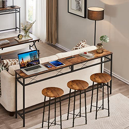 71In Extra Long Narrow Sofa/Console Table with Charging Station & Power Outlet and USB Ports, for Entryway, Living Room, Office, Industrial, Rustic Brown