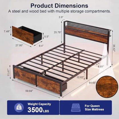Queen Bed Frame with 2 Drawers, Platform Bed with LED Lights & Charging Station, view 3
