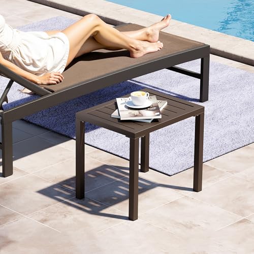 Outdoor Side Table,Aluminum Rectangular Side/End Table, Small Patio Coffee Bistro Table for Outdoor Indoor (Brown)